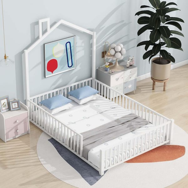 White Metal Frame Full Size Platform Bed with Guardrail and Chimney