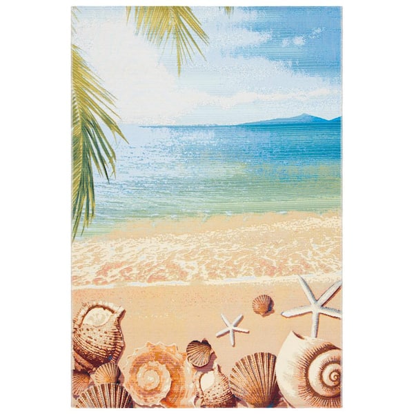 SAFAVIEH Barbados Gold/Blue 4 ft. x 6 ft. Novelty Nautical Indoor/Outdoor Patio  Area Rug