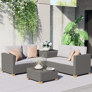 4-Piece Wicker Outdoor Sectional Set with Grey Cushion, Storage Box and Rattan Coffee Table for Patio Backyard Garden