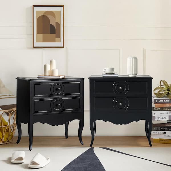 JAYDEN CREATION Albin Black 3-Drawer Nightstand with Built-In Outlets Set of 2