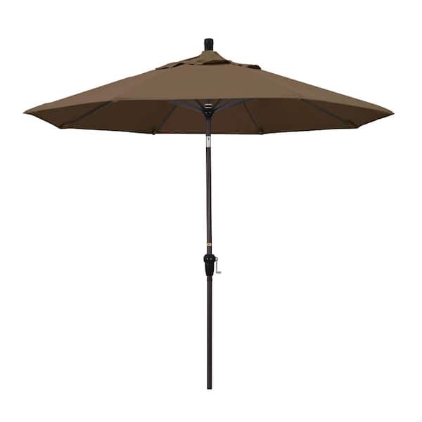 California Umbrella 9 ft. Bronze Aluminum Pole Market Aluminum Ribs Auto Tilt Crank Lift Patio Umbrella in Cocoa Sunbrella