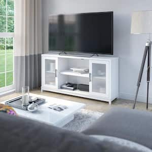 Brilliant White Transitional TV Stand Fits TVs up to 65 in. with Fluted Glass Doors