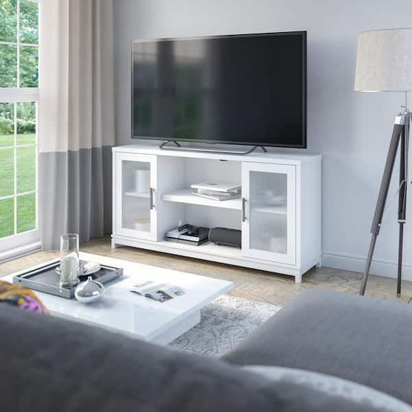 Twin Star Home Brilliant White Transitional TV Stand Fits TVs up to 65 in. with Fluted Glass Doors