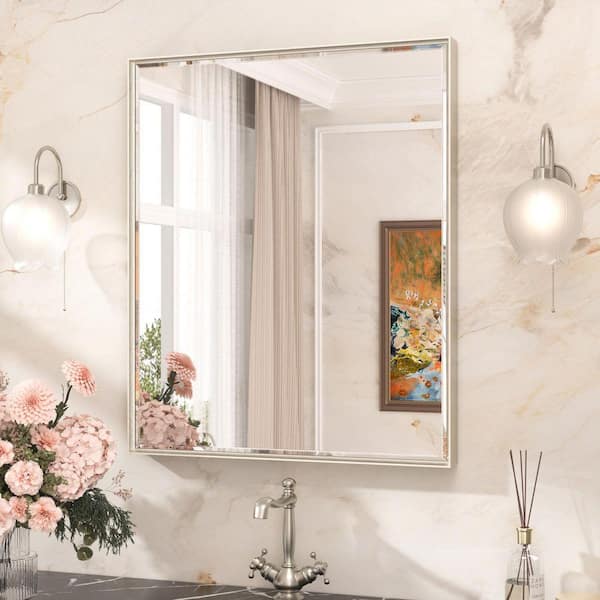 30 in. W x 36 in. H Framed Rectangular Brushed Nickel Mirrors for Bathroom Wall Beveled Mirror Bathroom Vanity Mirror