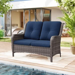 Brown Wicker Outdoor Patio Loveseat 2-Seat Sofa Couch with Blue Cushions