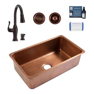 Rivera 31 in. Undermount Single Bowl 16 Gauge Antique Copper Kitchen Sink with Maren Bronze Faucet Kit