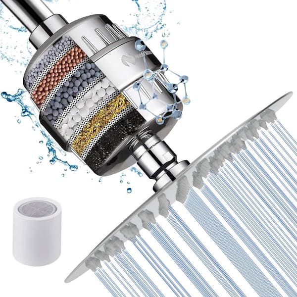 Lukvuzo 8 in. 15-Stage Shower Head Filter, High Pressure Filtered Showerhead for Hard Water, 1 Filter Cartridge in Chrome