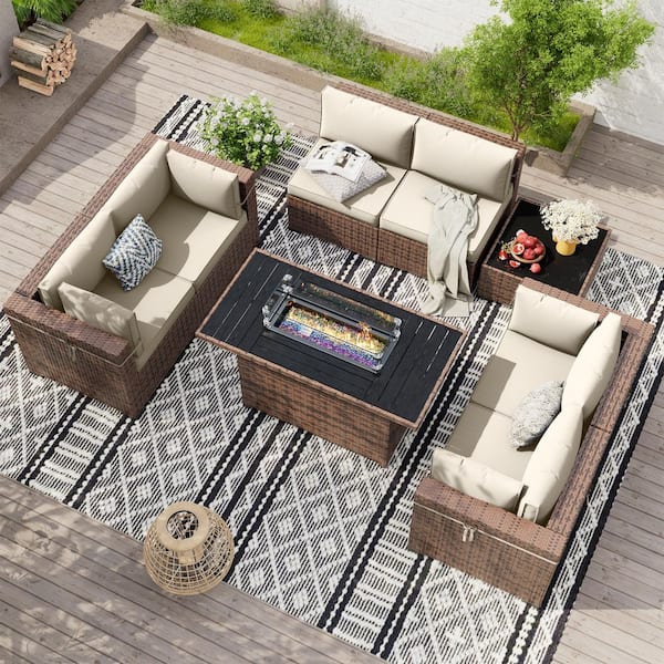 8 Piece Brown Wicker Outdoor Sectional Set with Fire Pit Table, Coffee Tables and Cream Cushions
