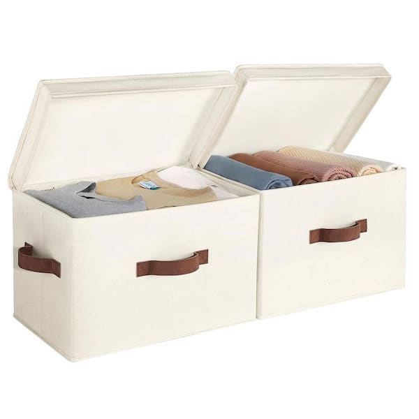 Fabric Ivory White 15.5 in. x 10.5 in. Cotton Blend Storage Bins Decorative Basket (Set of 2)