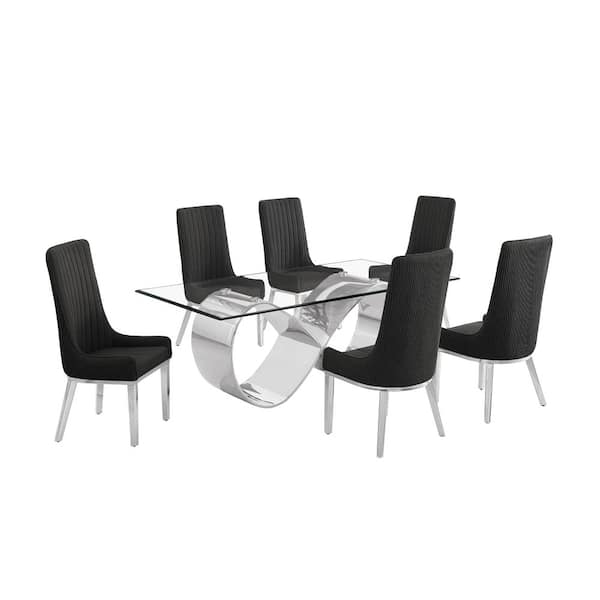Garrett 7-Piece Clear Tempered Glass Top with Stainless Steel Base Dining Set with 6 Black Fabric Chairs