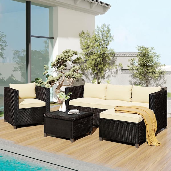 Wateday Outdoor Black 5-Piece Wicker Outdoor Patio Conversation Seating Set with Beige Cushions