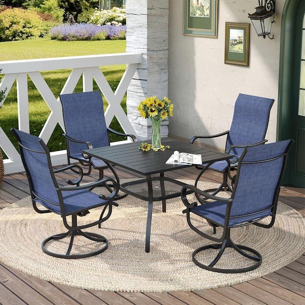 5 Piece Metal Outdoor Patio Dining Set with 37.8 in. Black Square Dining Table and 4 Blue Textilene Swivel Chairs