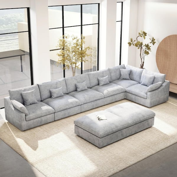 8-piece Oversized 156 in. Flared Arm Down Filled Linen Modular Sectional Sofa with Ottomans, Detachable Covers in Gray