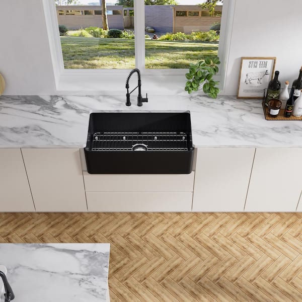 Denbigh Matte Black Fireclay 33 in. Single Bowl Farmhouse Apron Kitchen Sink with Bottom Grid and Basket Strainer