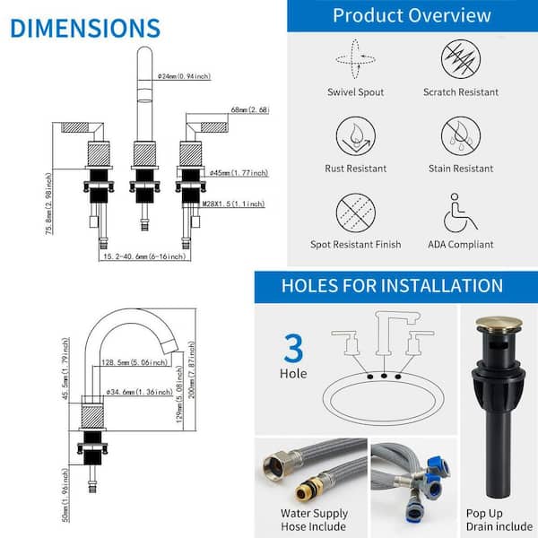 8 in. Widespread 2-Handle 3-Hole 360-Degree Swivel Spout Bathroom Sink Faucet with Pop-Up Drain in Brushed Gold