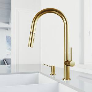 Greenwich Single Handle Pull-Down Sprayer Kitchen Faucet Set with Soap Dispenser in Matte Brushed Gold