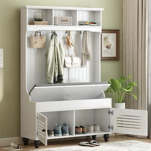 White Hall Tree with 4-Sturdy Hooks, Shutter-Shaped Doors Storage Bench and Cushion for Hallway, Entryway, Living Room