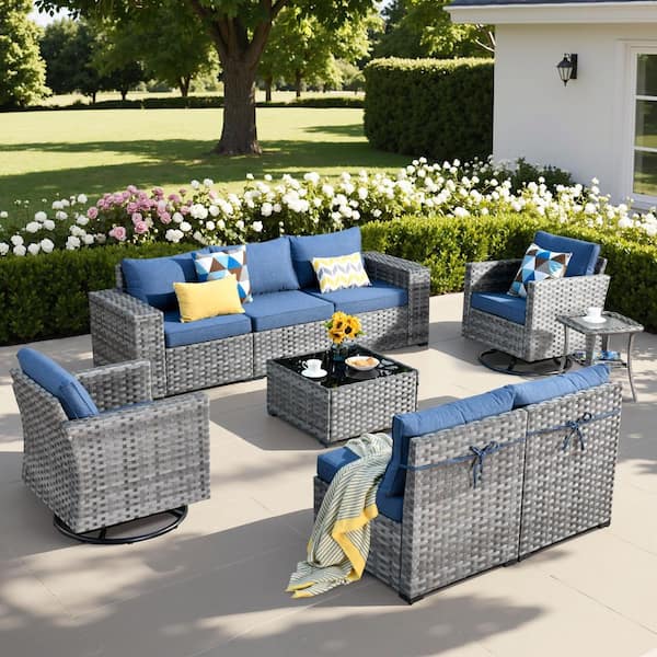 HOOOWOOO Tahoe Grey 9-Piece Wicker Outdoor Patio Conversation Sofa Set with Swivel Rocking Chairs and Denim Blue Cushions