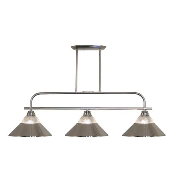 Unbranded Annora 3-Light Brushed Nickel Billiard Light with Clear Ribbed Plus Brushed Nickel Shade with No Bulbs Included