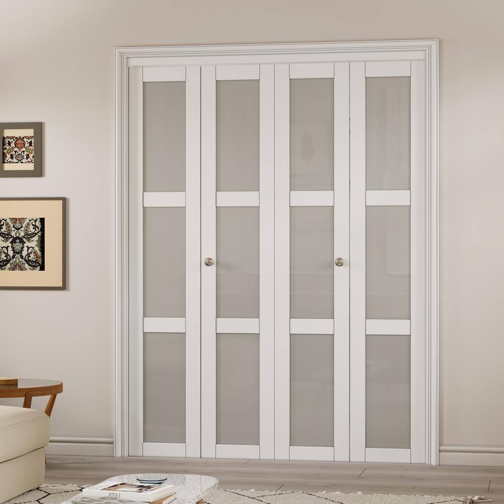 60 in. x 80 in. White MDF Bi-Fold Door with Frosted Glass Panels