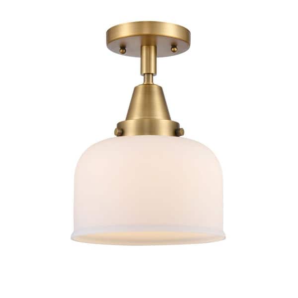 Bell 8 in. 1-Light Brushed Brass Industrial Flush Mount with Seeded Glass Shade