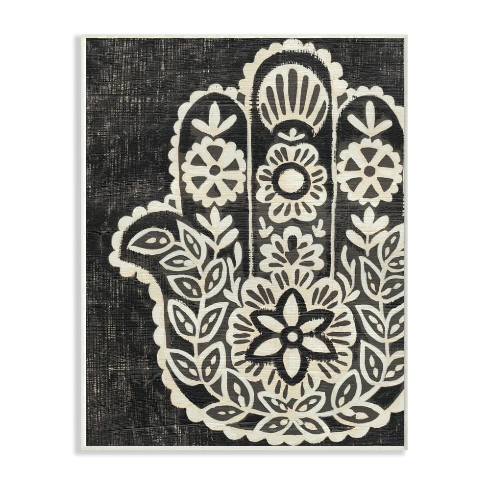 10 in. x 15 in. Floral Pattern Black and White Hamsa by Chariklia Zarr