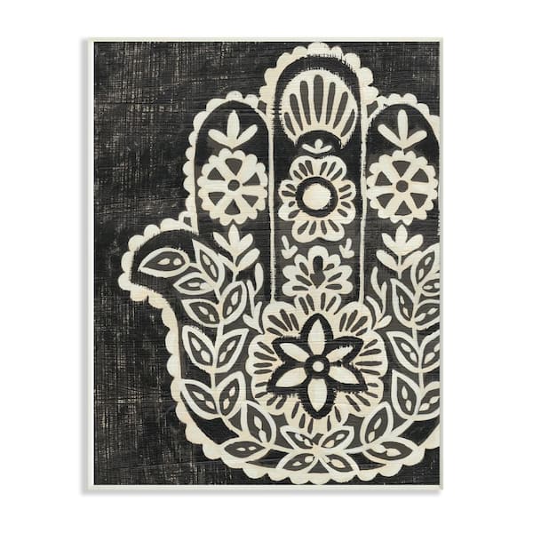 Stupell Industries 13 in. x 19 in. "Floral Pattern Black and White Hamsa" by Chariklia Zarris Wood Wall Art