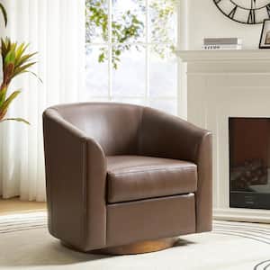 Meroy 30.5 in. Wide Brown Modern Swivel Barrel Faux Leather Chair with Solid Wood Base