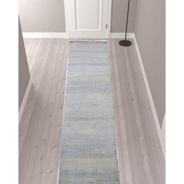 3 ft. x 12 ft. Blue and Silver Striped Area Rug