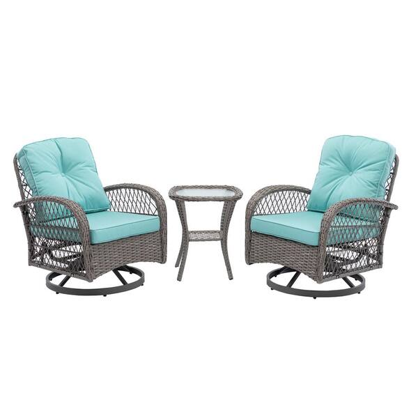 Cesicia 3-Pieces 360-Degree Rocking Patio Wicker Outdoor Rocking Chairs with Blue Cushions and Glass Coffee Table