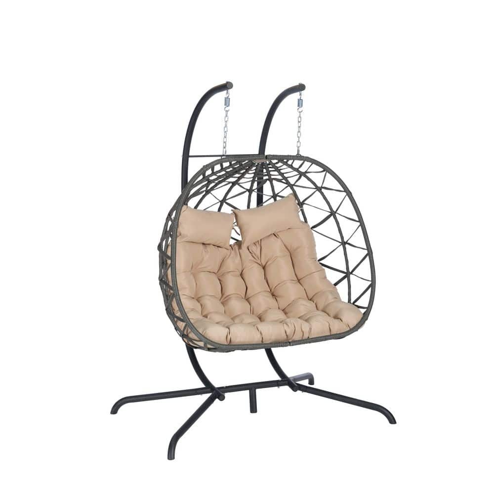 Metal Patio Swing Double Egg Chair with Stand Hanging, Khaki Cushions