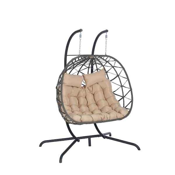 Unbranded Metal Patio Swing Double Egg Chair with Stand Hanging, Khaki Cushions