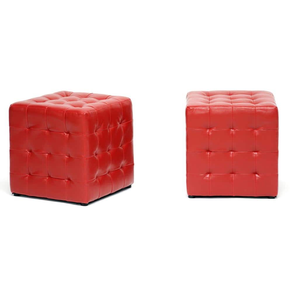Chic Red Faux Leather Tufted Cube Ottoman Set of 2