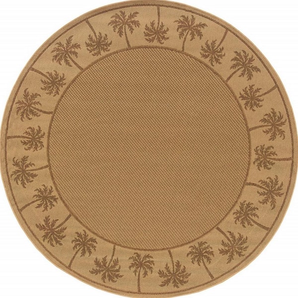 Beige 8 ft. x 8 ft. Loomed Border Polypropylene Round Indoor/Outdoor Area Rug