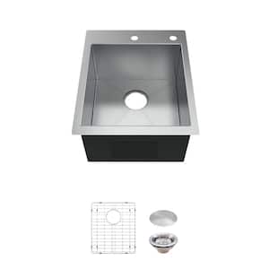 Zero Radius Drop-In/Undermount 16G Stainless Steel 17 in. 2-Hole Single Bowl Kitchen Bar Sink with Accessories