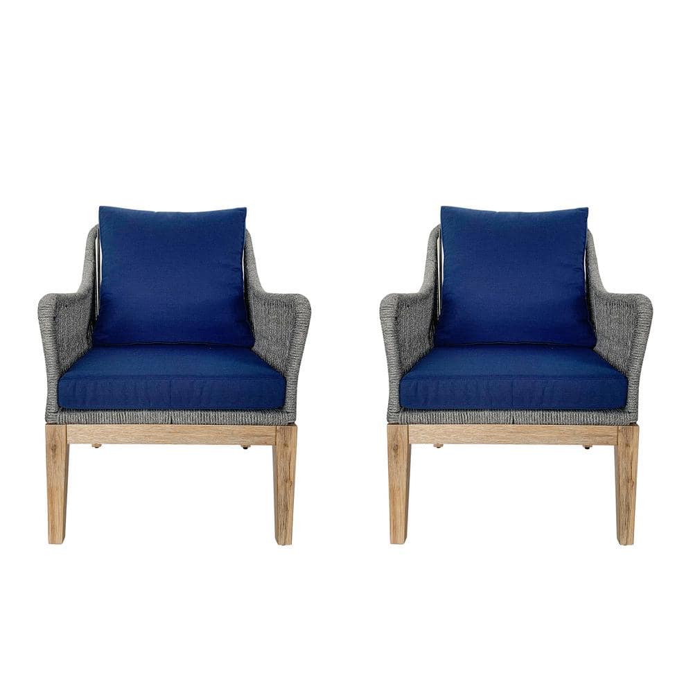 Navy Cushioned Acacia Wood Rope Patio Chair Set