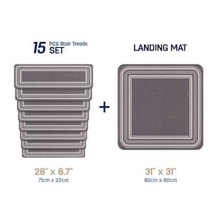 Carmel Gray 8.5 in. x 26 in. and 31 in. x 31 in. Solid Border Non-Slip Stair Tread Cover and Landing Mat (Set of 16)