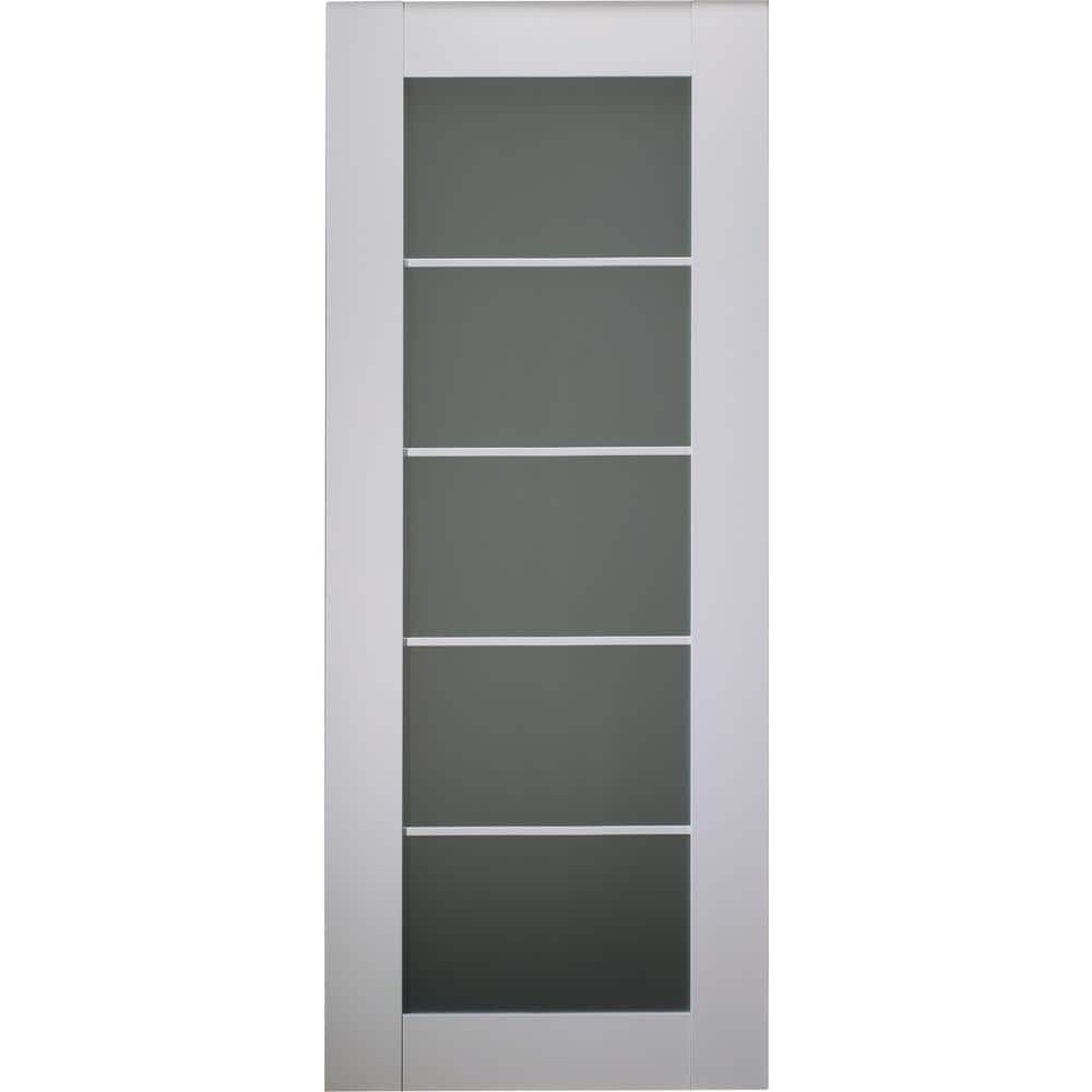 28 in. x 80 in. Smart Pro Polar White Solid Core Wood 5-Lite Frosted Glass Interior Door Slab No Bore -  Belldinni, 0912733