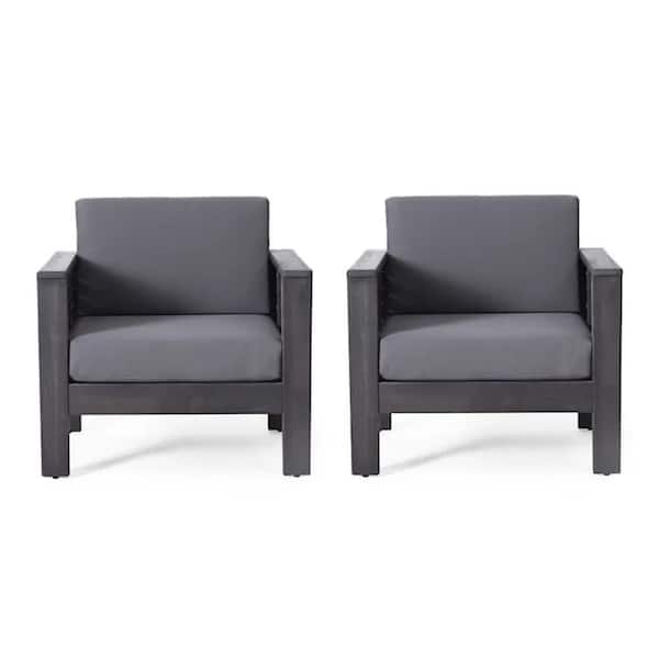 Black Wood Outdoor Lounge Chair Club Chairs with Gray Cushions (2-Pack)