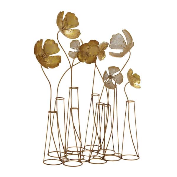 Litton Lane 9 in. x 21 in. Gold Metal Floral Sculpture with Mesh Netting Detail