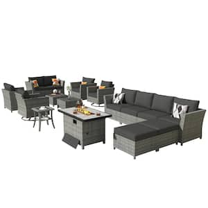 Bexley Gray 16-Piece Wicker Rectangle Fire Pit Patio Conversation Set with Black Cushions and Swivel Chairs