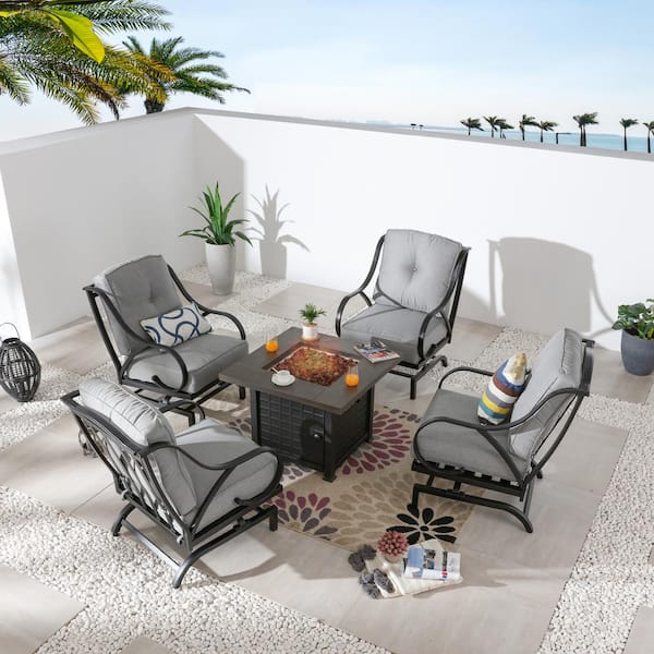 Patio Festival 5-Piece Metal Patio Fire Pit Seating Set with Gray Cushions