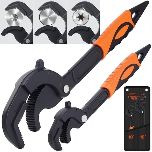 Heavy Duty Pipe Wrench Set, 10 in. and 15 in. Self-Adjusting Pipe Wrenches for Plumbing, 2-Piece Pipe Vise Tool Kit
