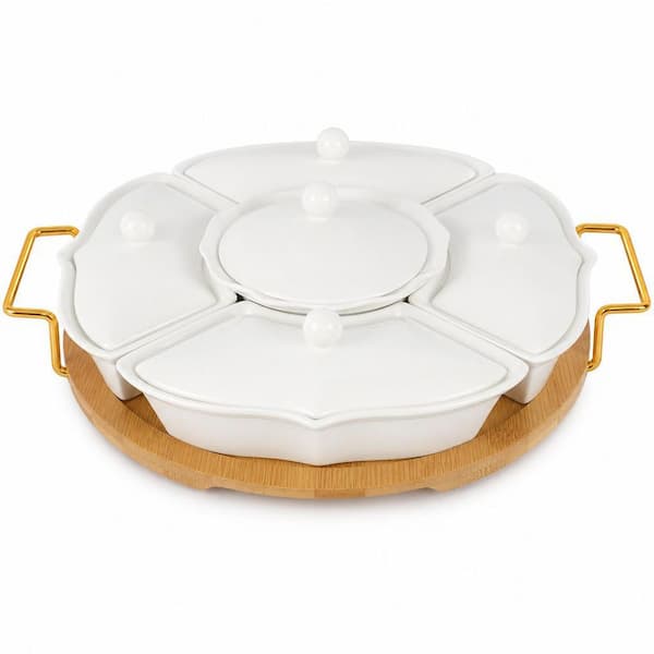 Classic 5-Compartment Divided White Ceramic Lazy Susan Serving Tray with Bamboo Turntable and Lids (Set of 11)