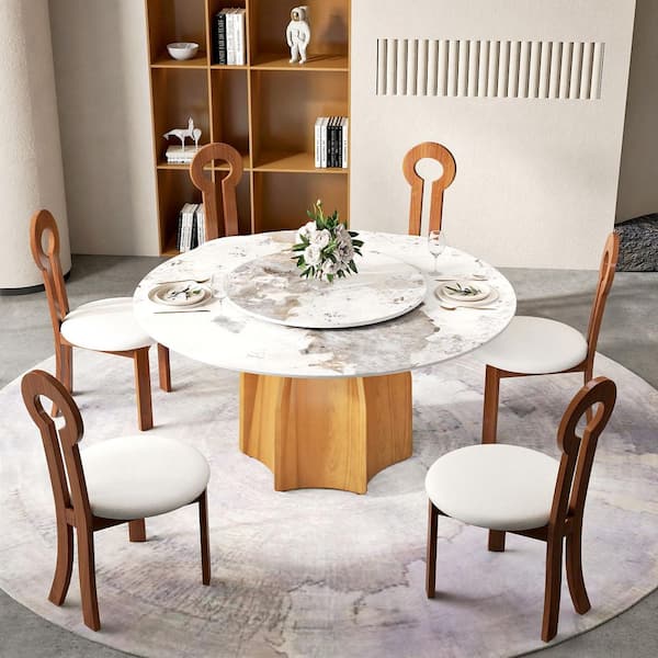 Magic Home 59.05 in. Pandora Round Rotary Lazy Susan Dining Table Sintered Stone Tabletop with Walnut Pedestal Base (Seats-8)