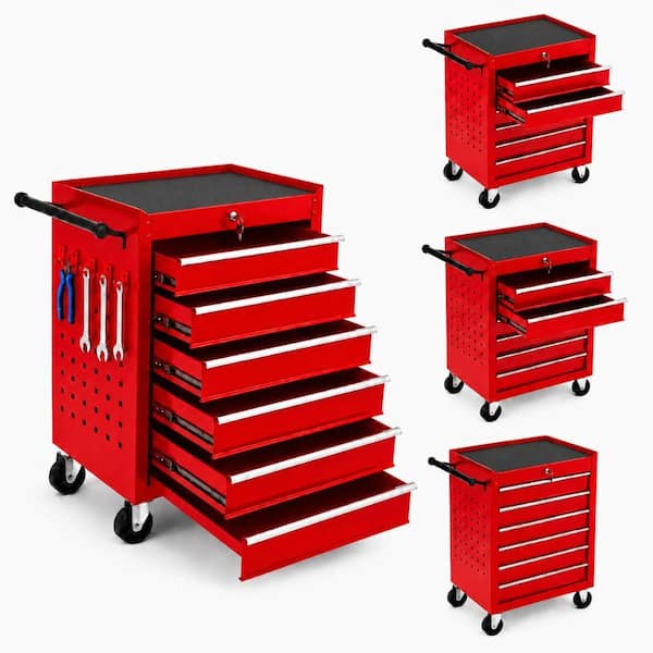 24"×13"×29" Red Cold Rolled Steel Heavy-Duty Lockable Rolling Tool Cart with 6 Drawers, Casters & Drawer Liners