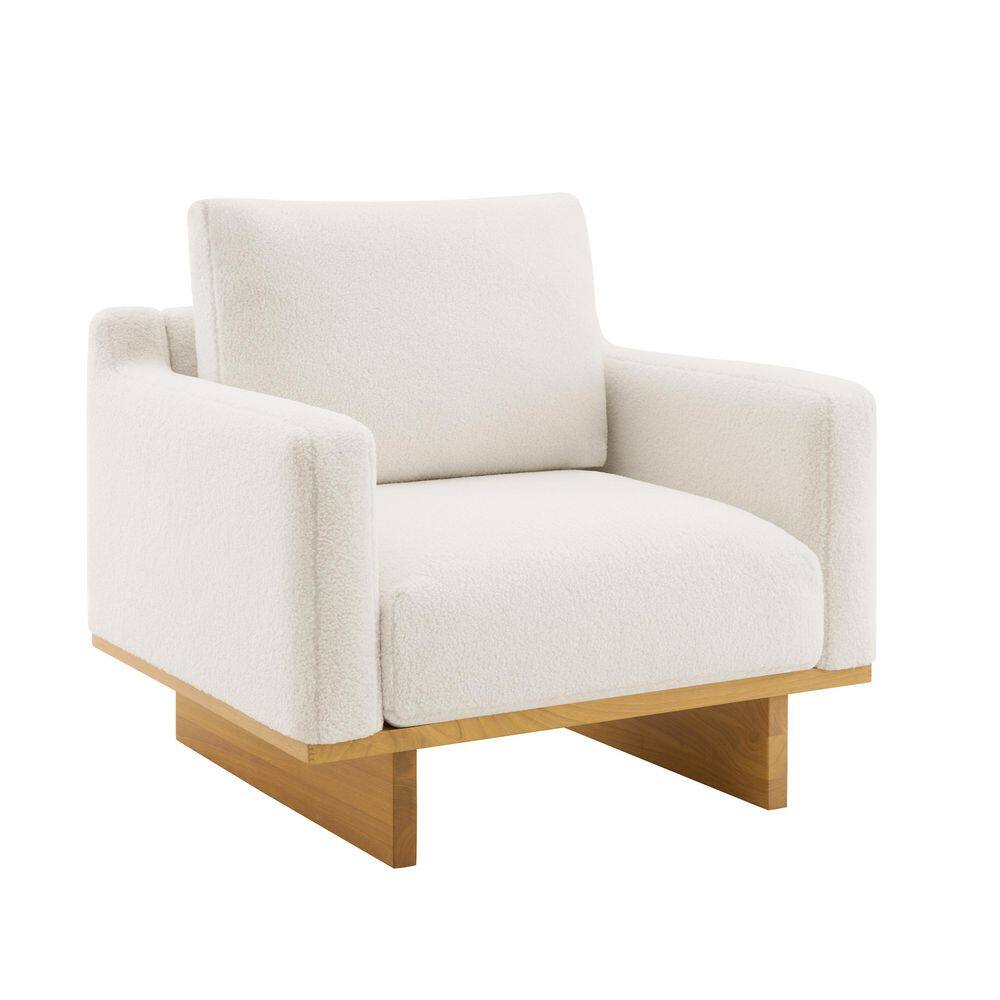 White Modern Arm Chair Wide Seat Boucle Polyester Upholstered Accent Chair with 100% Solid Wood Frame