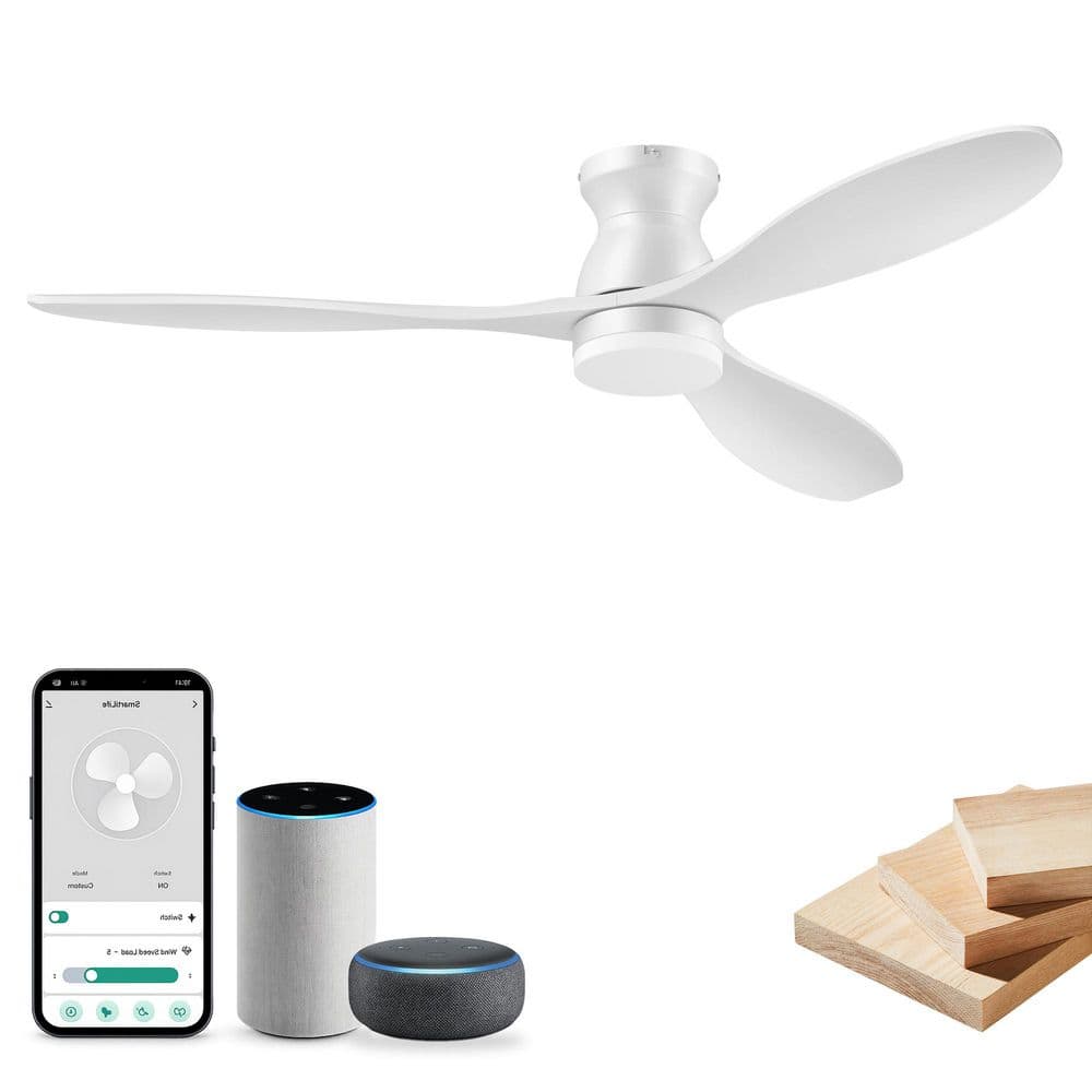 52 in. Modern Wood Flush Mount Ceiling Fan,Solid Wood Blades,Dimmable,Voice via Alexa/APP/Remote,Indoor/Outdoor,White price history on PriceWatchPro