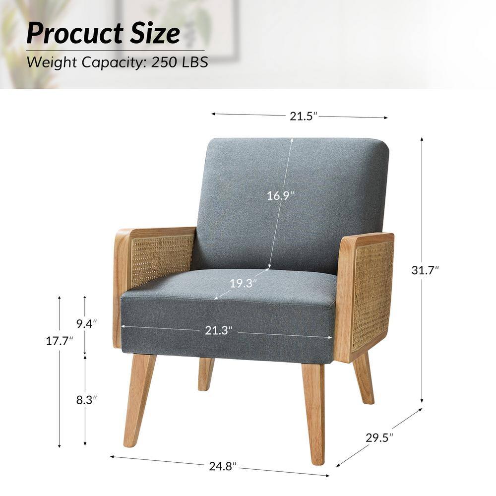 Handcrafted Blue Velvet Accent Chair with Rattan Armrests