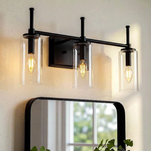 22 in. 3 Light Black Bathroom Vanity Light with Glass Shade, Reversible Mounting, E12 Base